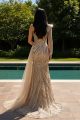 One-Shoulder Feather Trim Illusion Long Sleeve All-Over Gold Crystal Art Deco Swirl Embroidery Sweetheart Corset High Slit Mermaid Evening Dress Tulle Cape Train