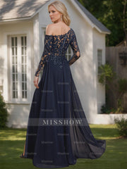 One-Shoulder Floor-Length A-Line Mother of the Bride Dress with Long Sleeves and High Slit