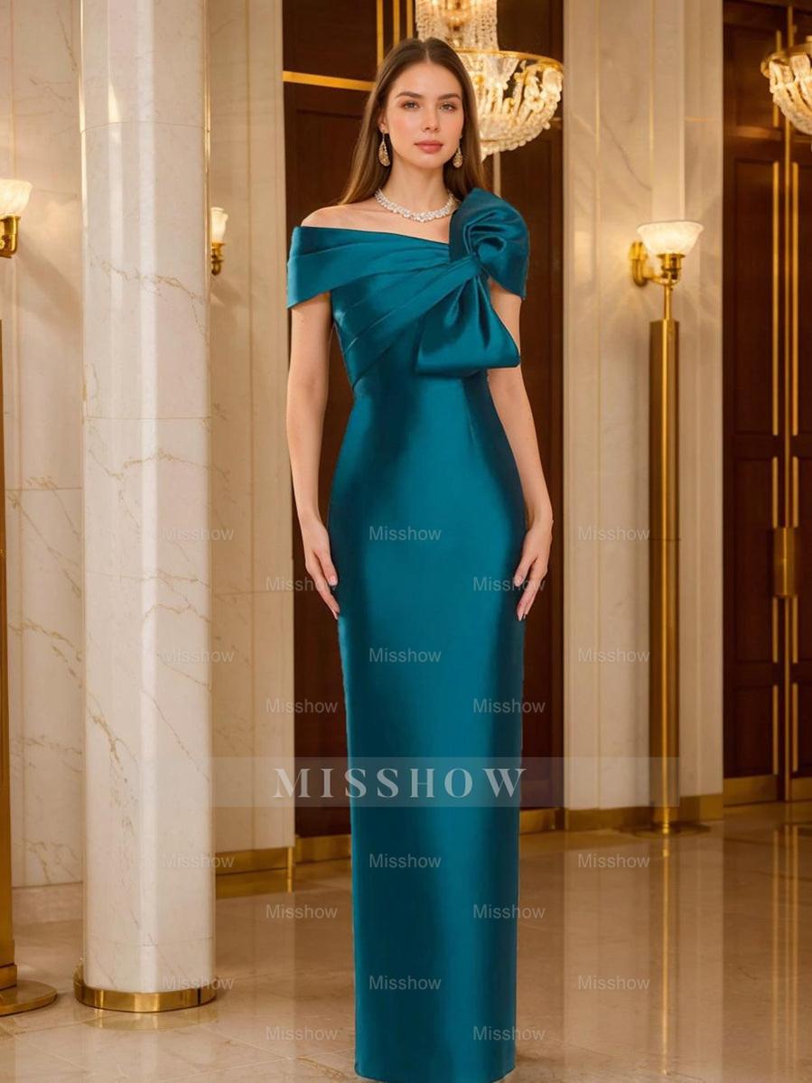One-Shoulder Floor-Length Mother of the Bride Gown with Bow in Sheath/Column Style