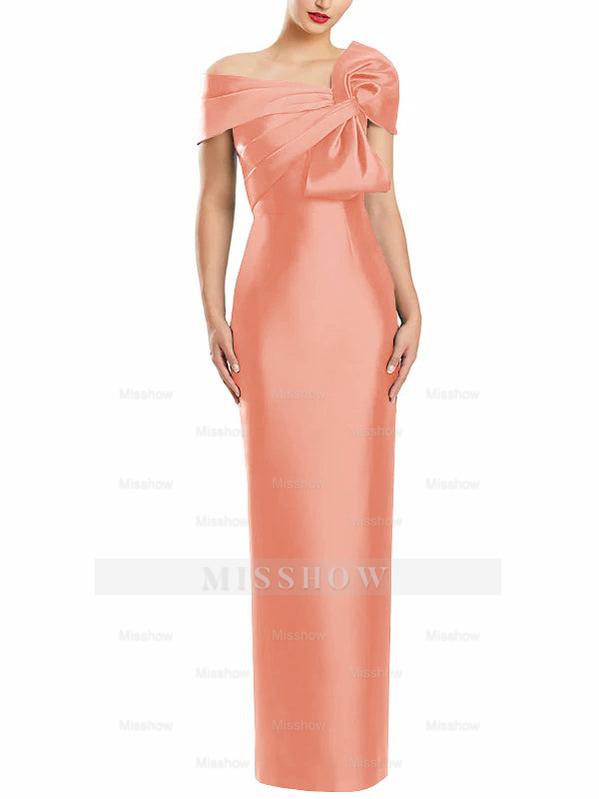 One-Shoulder Floor-Length Mother of the Bride Gown with Bow in Sheath/Column Style