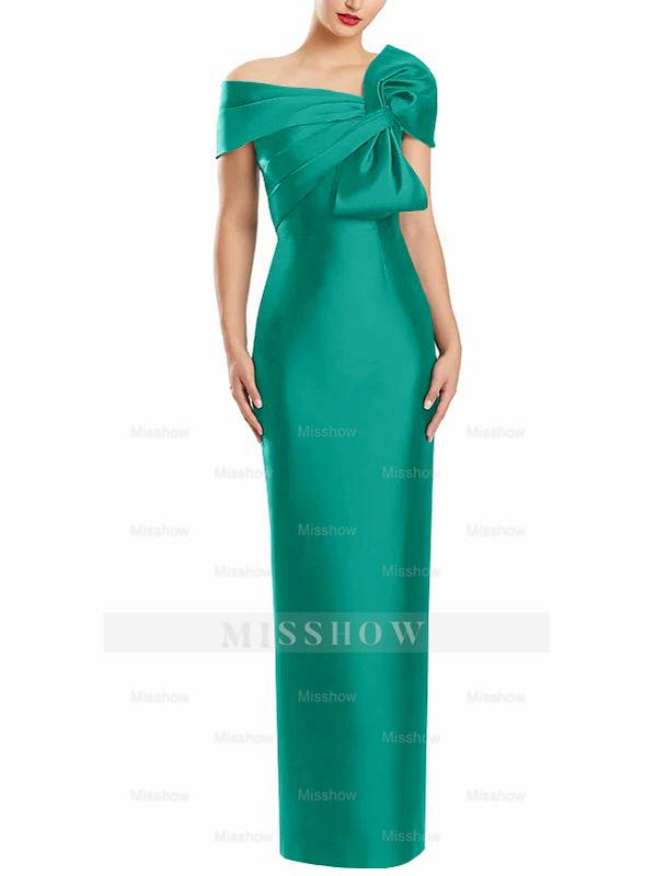 One-Shoulder Floor-Length Mother of the Bride Gown with Bow in Sheath/Column Style