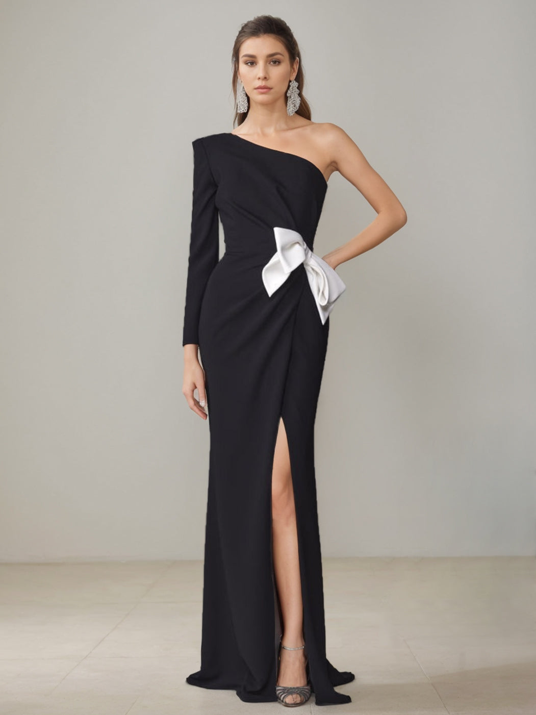 One-Shoulder Floor-Length Mother of the Bride Gown with Side Split and Bowknot