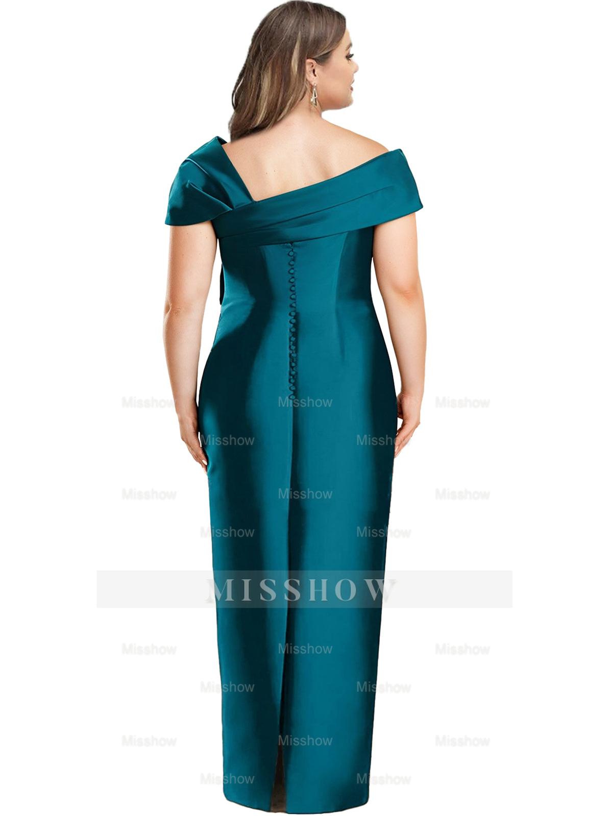 One-Shoulder Floor-Length Plus Size Mother of the Bride Sheath Dress with Bow