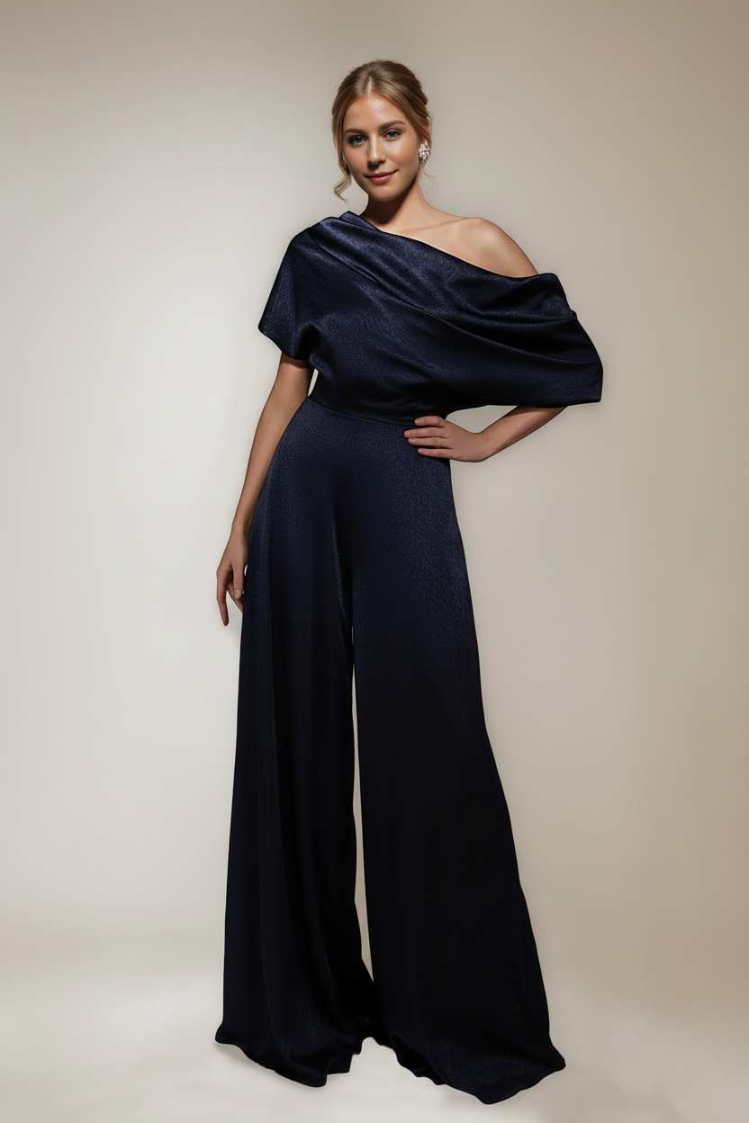 One Shoulder Floor-Length Short Sleeves Wide-Leg Mother of the Bride Jumpsuits
