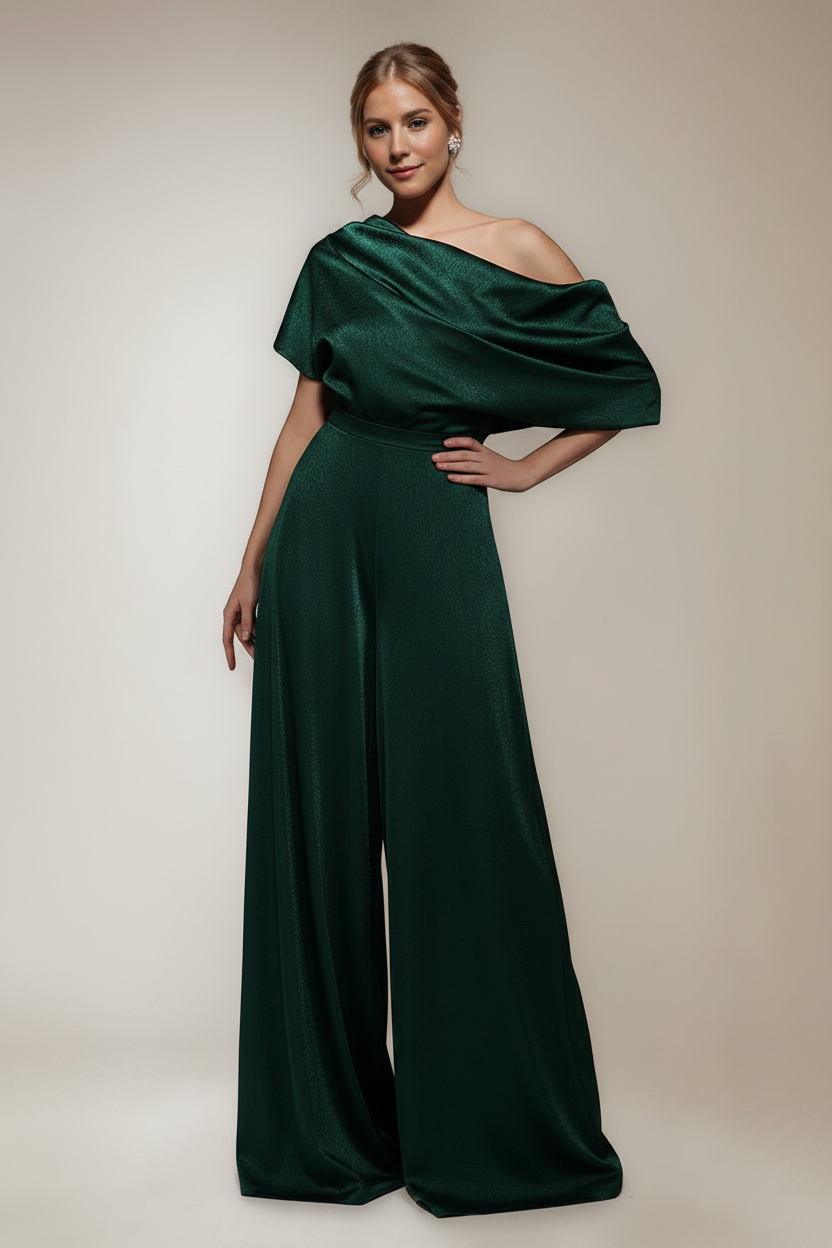 One Shoulder Floor-Length Short Sleeves Wide-Leg Mother of the Bride Jumpsuits