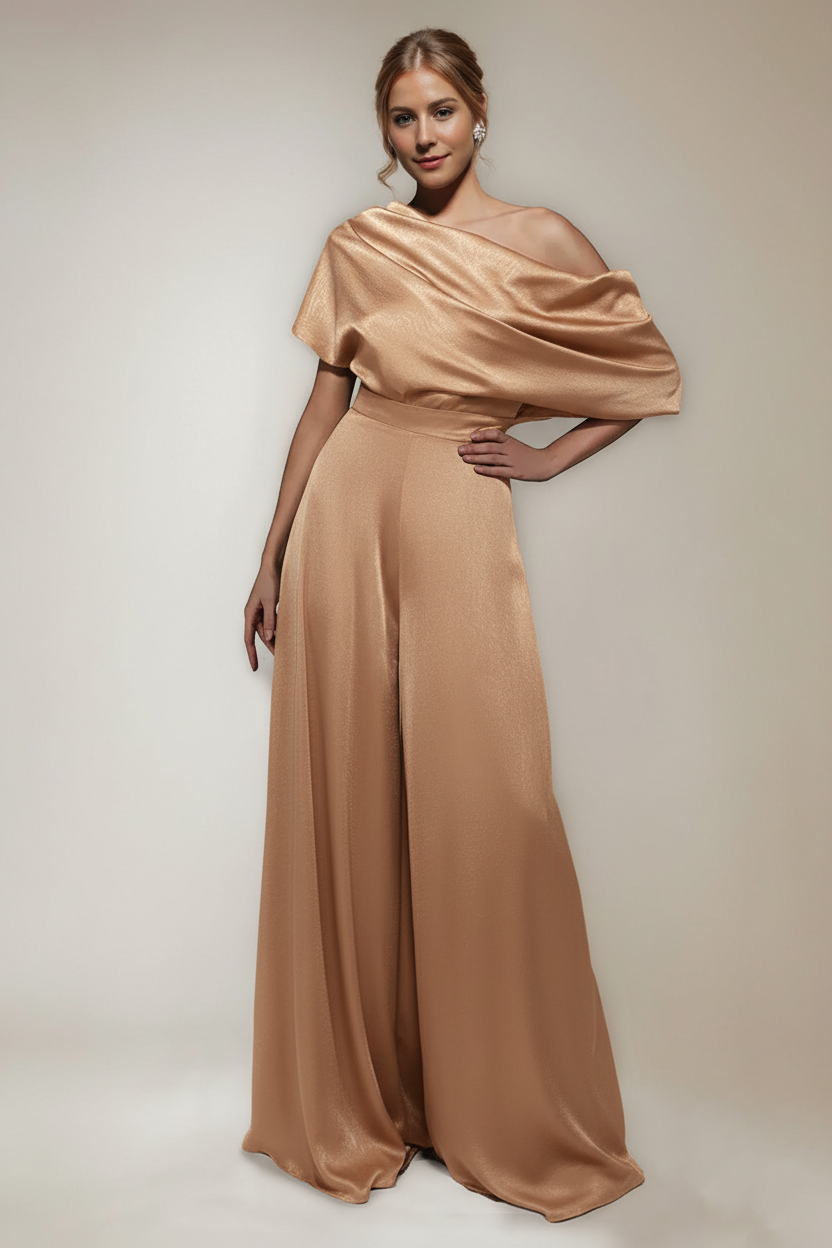 One Shoulder Floor-Length Short Sleeves Wide-Leg Mother of the Bride Jumpsuits