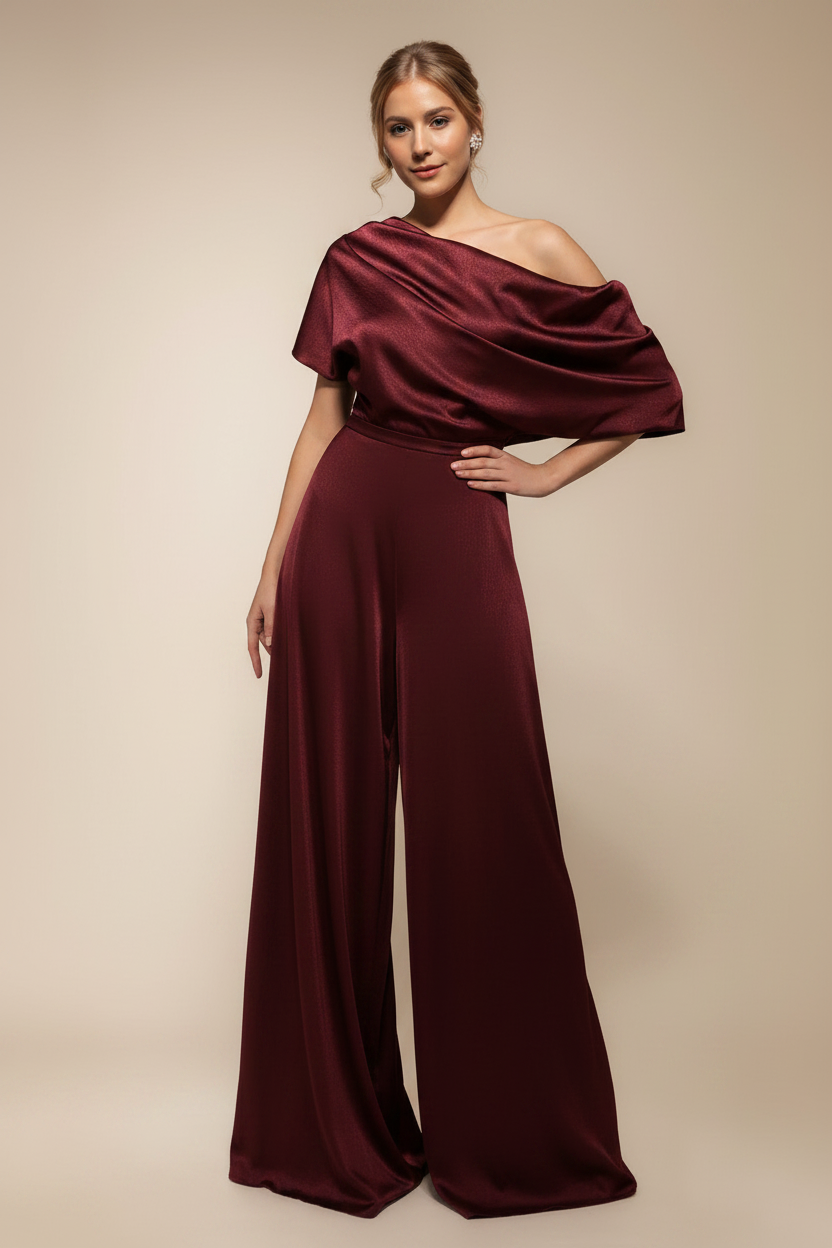 One Shoulder Floor-Length Short Sleeves Wide-Leg Mother of the Bride Jumpsuits