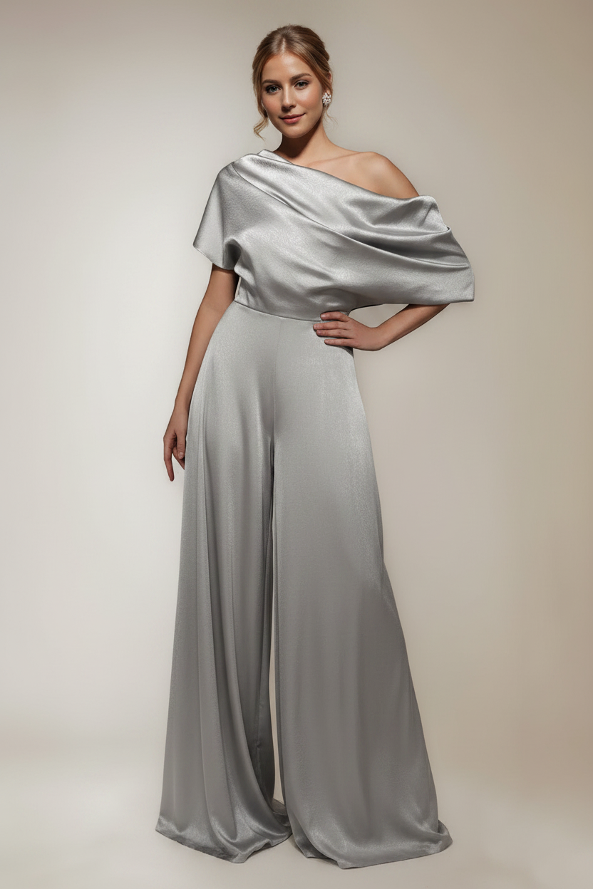 One Shoulder Floor-Length Short Sleeves Wide-Leg Mother of the Bride Jumpsuits
