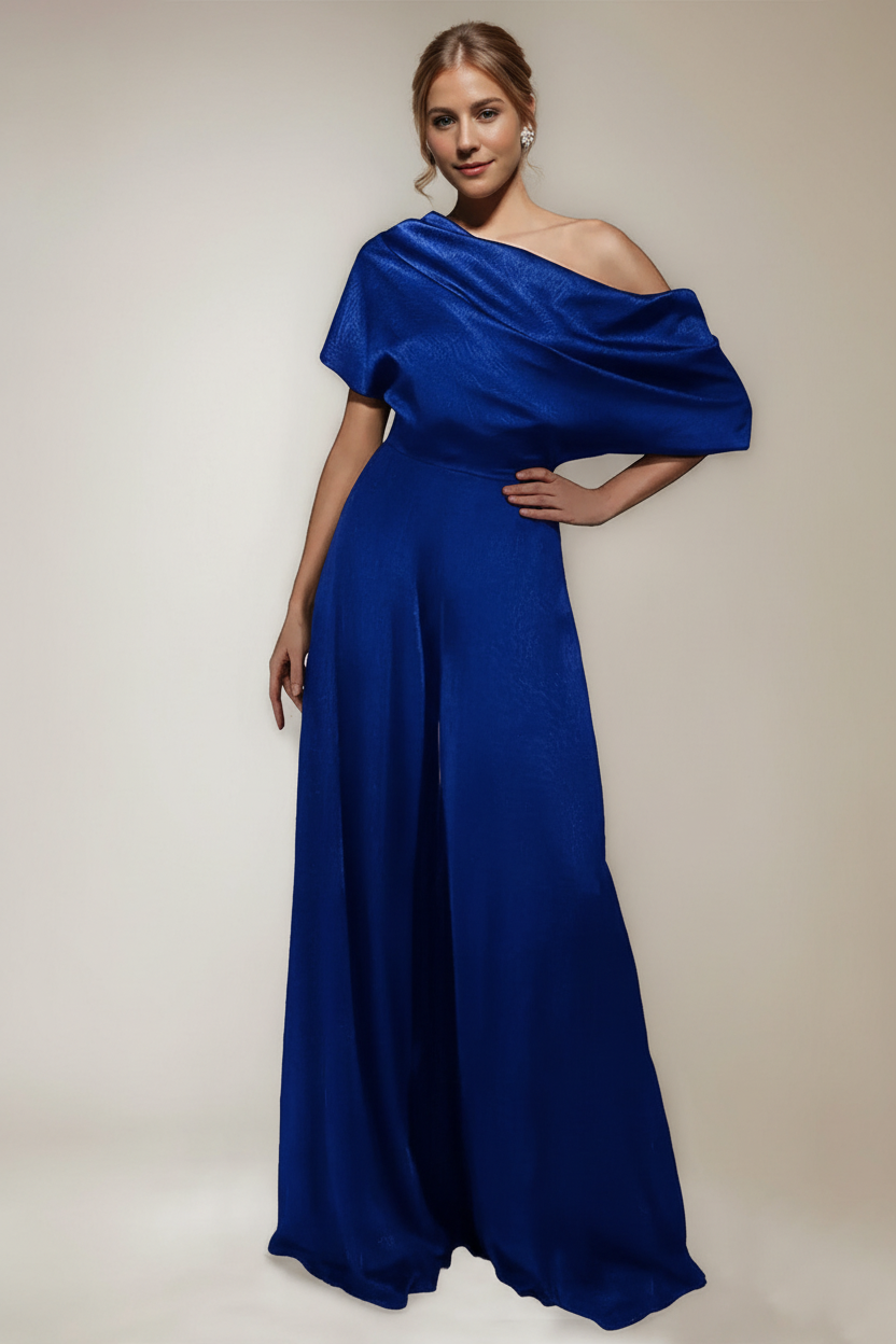 One Shoulder Floor-Length Short Sleeves Wide-Leg Mother of the Bride Jumpsuits