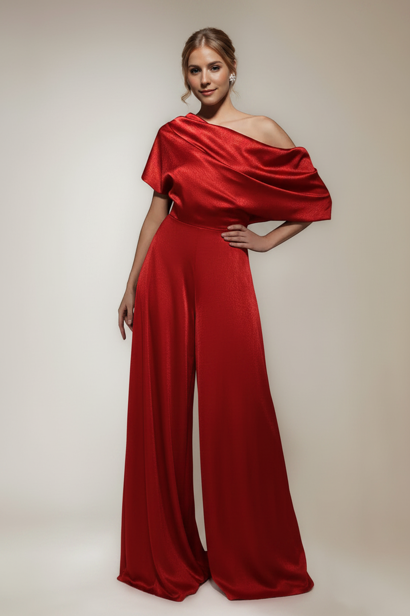 One Shoulder Floor-Length Short Sleeves Wide-Leg Mother of the Bride Jumpsuits