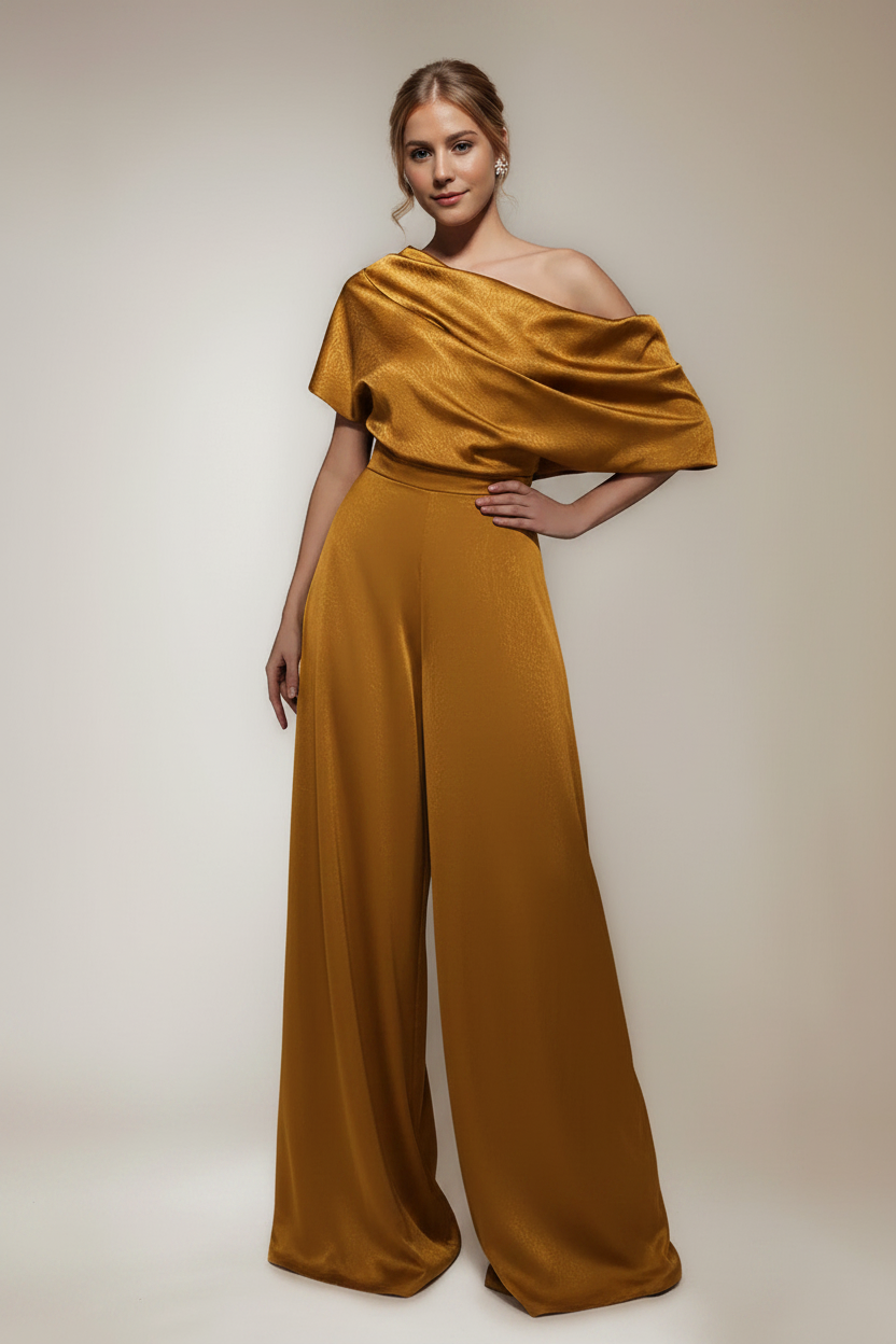 One Shoulder Floor-Length Short Sleeves Wide-Leg Mother of the Bride Jumpsuits