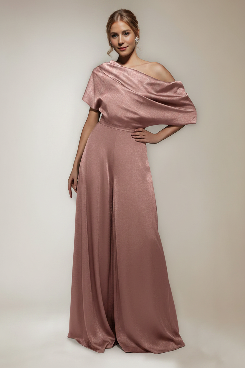 One Shoulder Floor-Length Short Sleeves Wide-Leg Mother of the Bride Jumpsuits