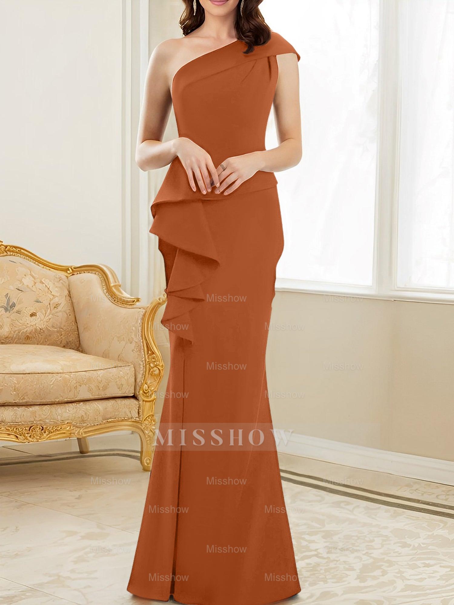 One-Shoulder Floor-Length Trumpet/Mermaid Gown for the Mother of the Bride