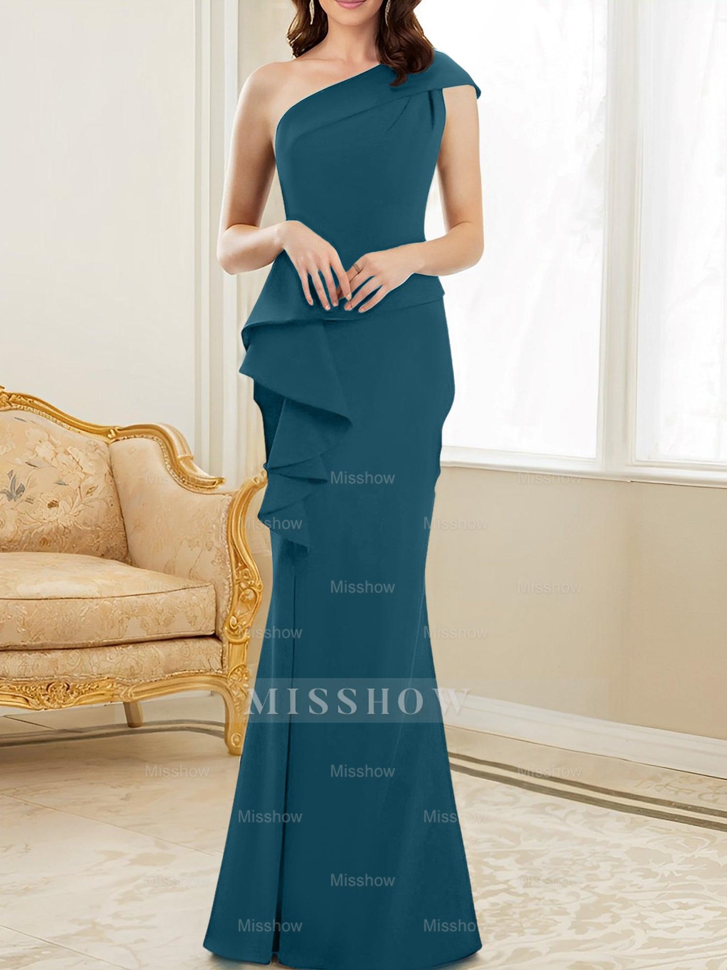 One-Shoulder Floor-Length Trumpet/Mermaid Gown for the Mother of the Bride