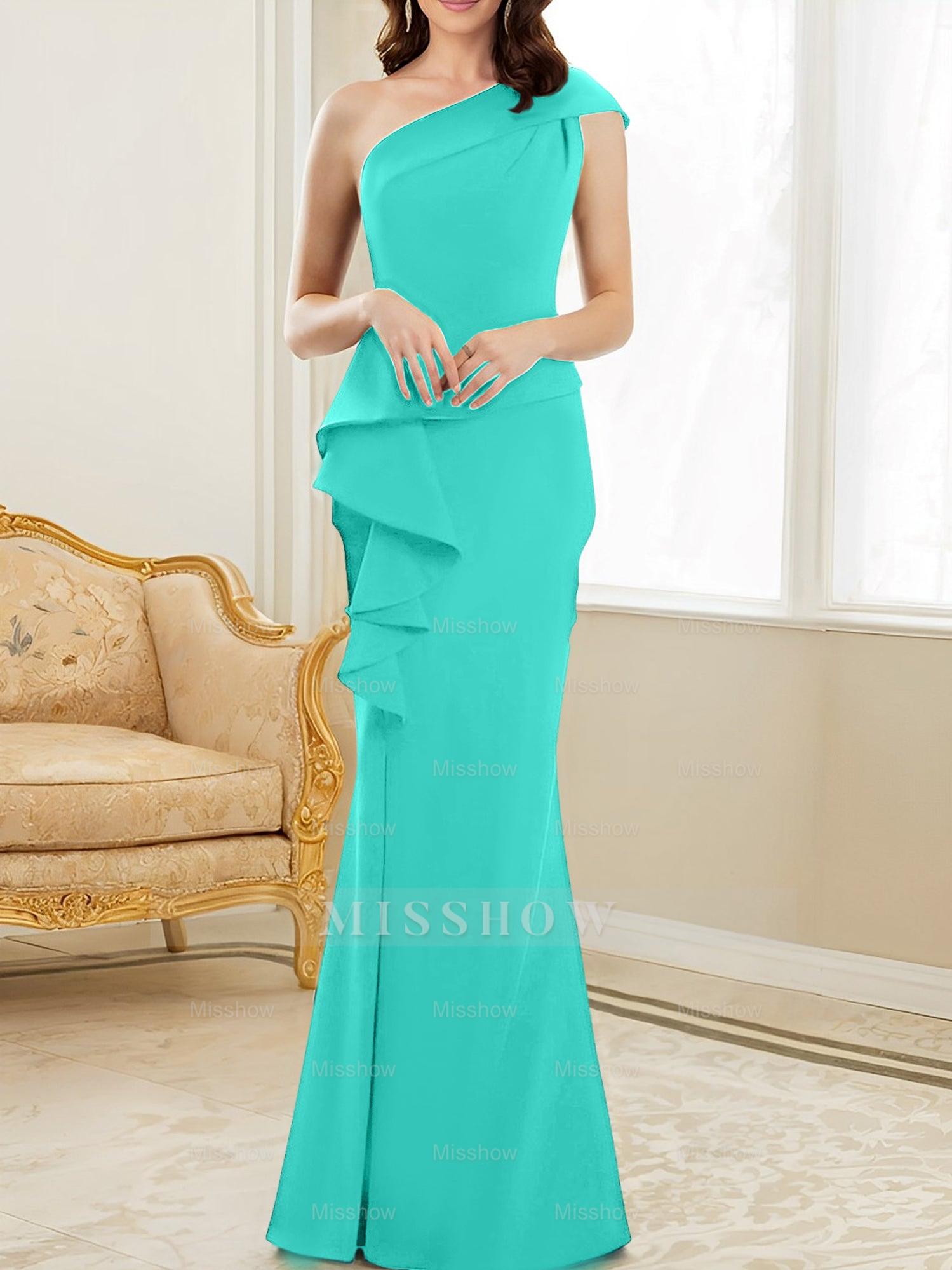 One-Shoulder Floor-Length Trumpet/Mermaid Gown for the Mother of the Bride