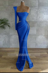One Shoulder Long Sleeve Long High Split Formal Dress With Beading