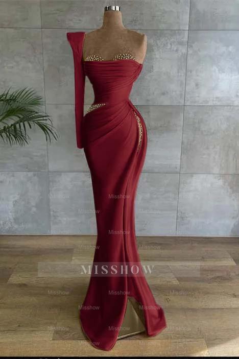 One Shoulder Long Sleeve Long High Split Formal Dress With Beading