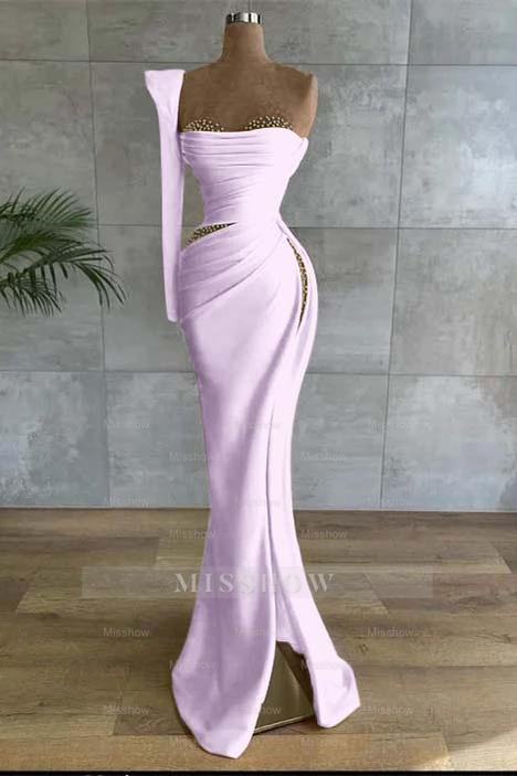 One Shoulder Long Sleeve Long High Split Formal Dress With Beading