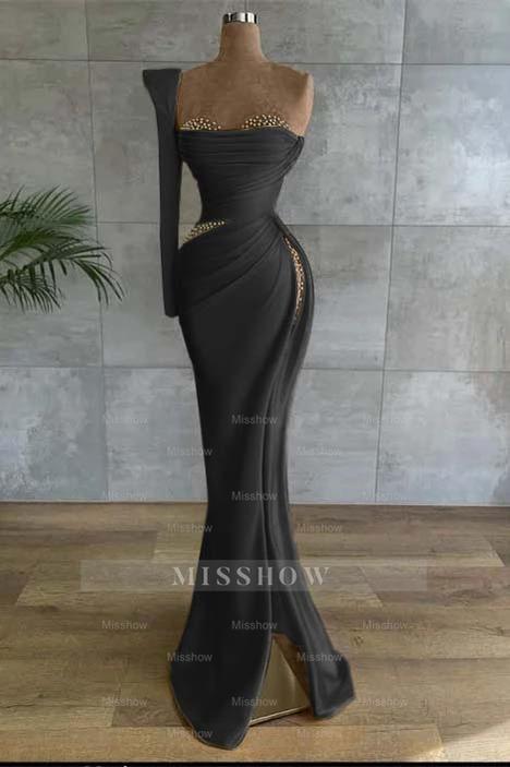 One Shoulder Long Sleeve Long High Split Formal Dress With Beading
