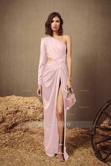 One Shoulder Long Sleeve Long High Split Formal Dress With Pleated
