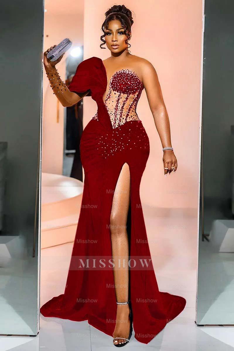 One Shoulder Long Sleeve Long Mermaid Formal Dress With Beading