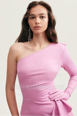 One Shoulder Long Sleeves High Split Long Formal Dress With Ruffles