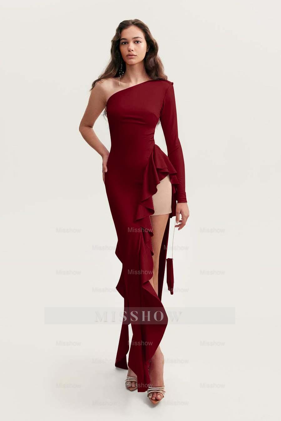 One Shoulder Long Sleeves High Split Long Formal Dress With Ruffles