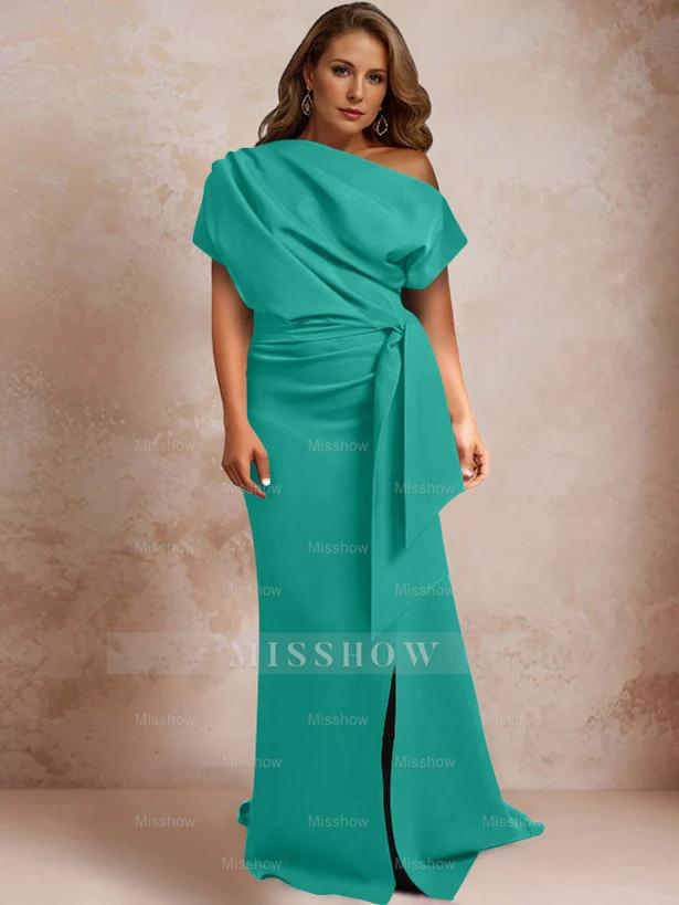 One-Shoulder Mermaid Trumpet Gown with Ruffles and Side Split for Plus-Size Mothers of the Bride