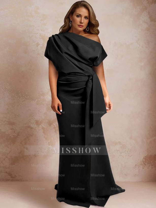 One-Shoulder Mermaid Trumpet Gown with Ruffles and Side Split for Plus-Size Mothers of the Bride