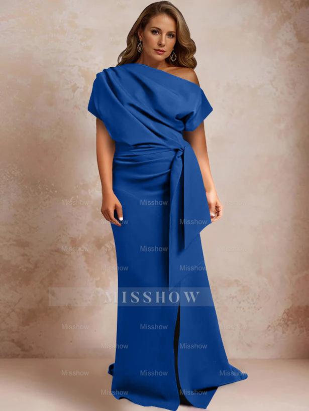 One-Shoulder Mermaid Trumpet Gown with Ruffles and Side Split for Plus-Size Mothers of the Bride