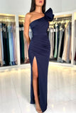 One Shoulder Navy Blue Stain Front Split Prom Dress with Ruffles