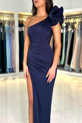 One Shoulder Navy Blue Stain Front Split Prom Evening Dresses with Ruffles