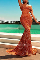 One Shoulder Orange Strapless Sleeveless Mermaid Long Formal Dress With Sequins