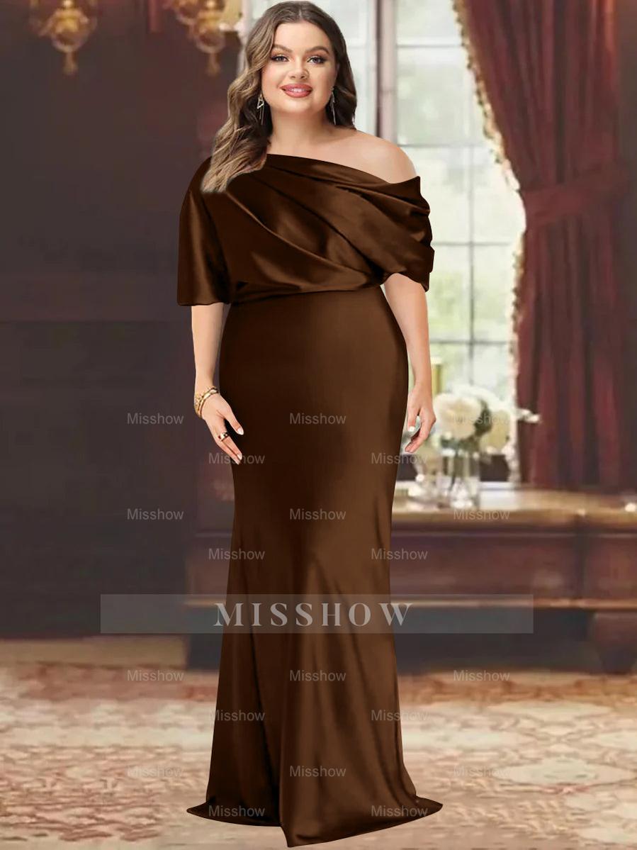 One-Shoulder Plus Size Floor-Length Sheath Mother of the Bride Dress with Ruffles