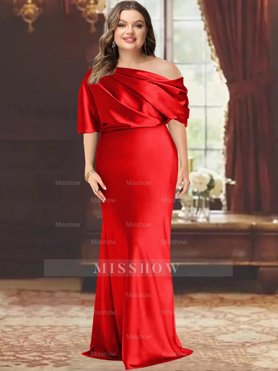 One-Shoulder Plus Size Floor-Length Sheath Mother of the Bride Dress with Ruffles