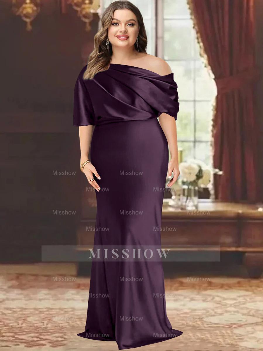 One-Shoulder Plus Size Floor-Length Sheath Mother of the Bride Dress with Ruffles