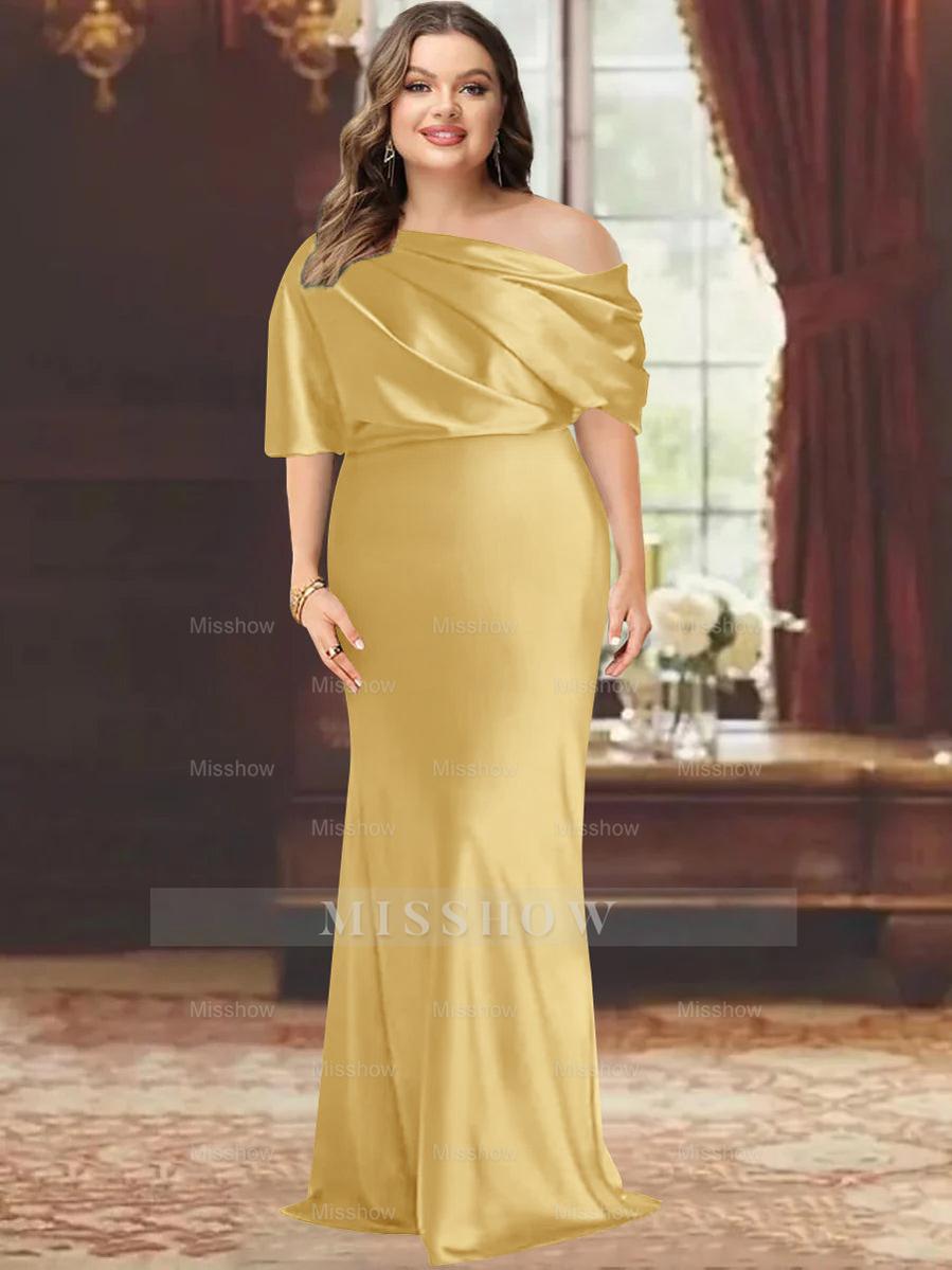 One-Shoulder Plus Size Floor-Length Sheath Mother of the Bride Dress with Ruffles