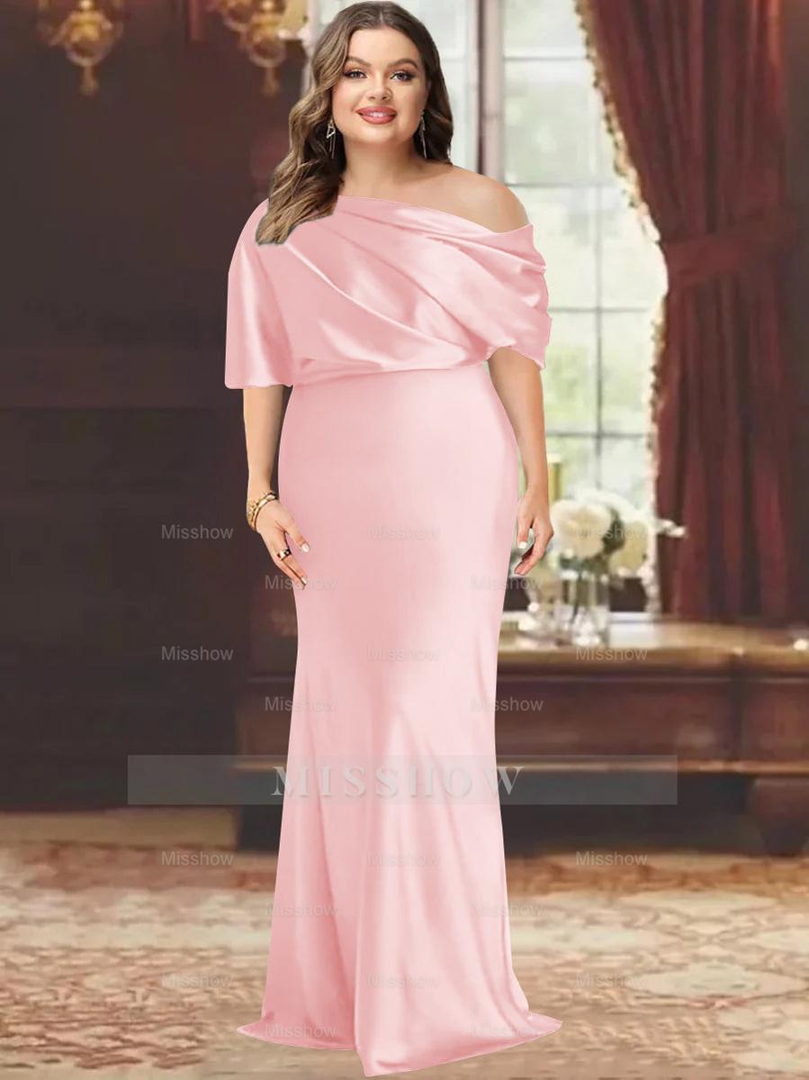 One-Shoulder Plus Size Floor-Length Sheath Mother of the Bride Dress with Ruffles