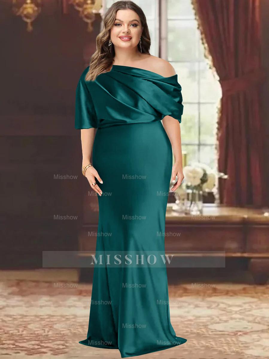 One-Shoulder Plus Size Floor-Length Sheath Mother of the Bride Dress with Ruffles