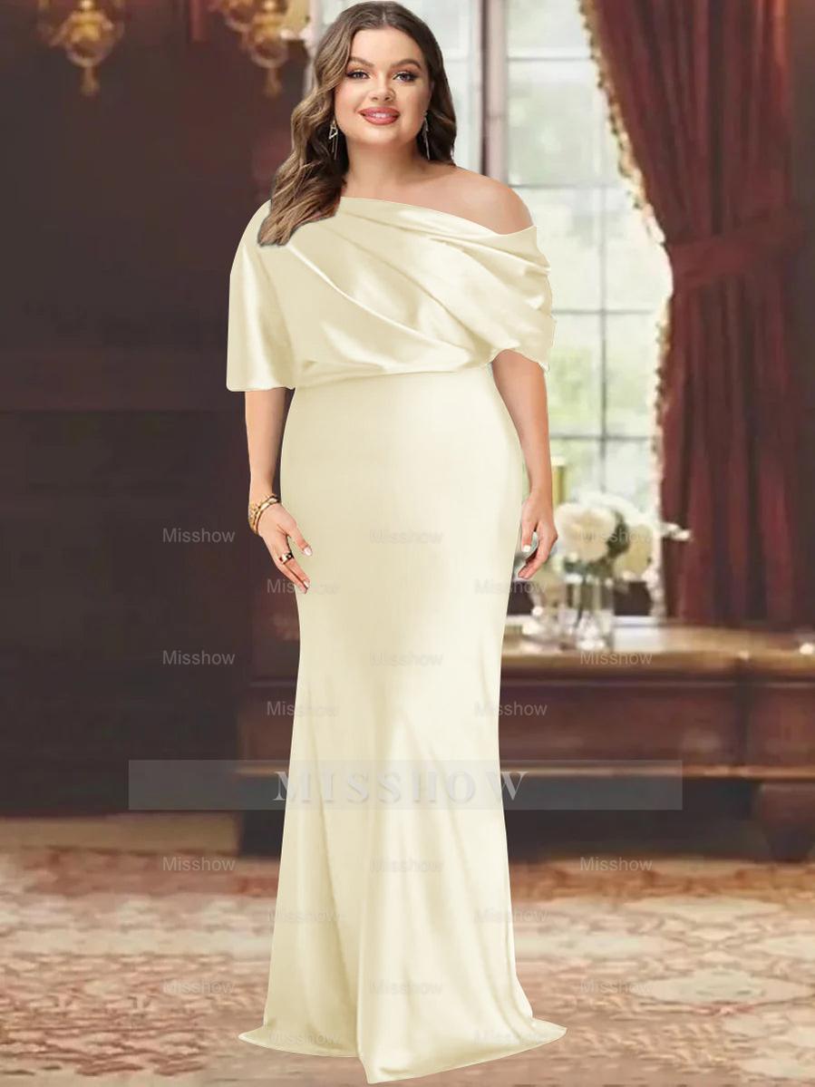 One-Shoulder Plus Size Floor-Length Sheath Mother of the Bride Dress with Ruffles