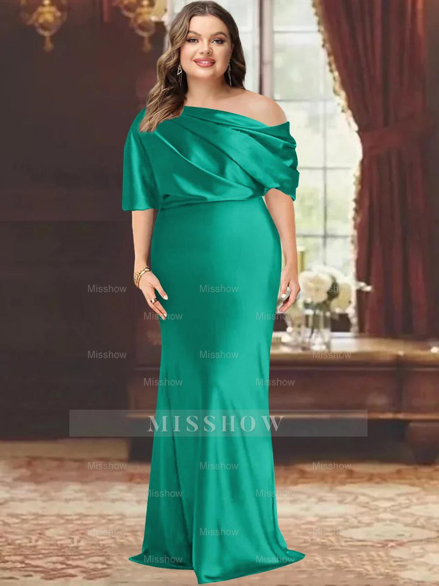 One-Shoulder Plus Size Floor-Length Sheath Mother of the Bride Dress with Ruffles