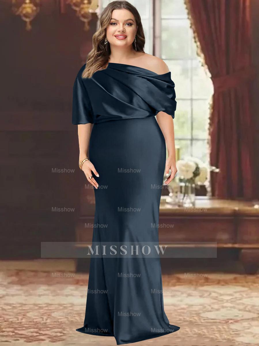 One-Shoulder Plus Size Floor-Length Sheath Mother of the Bride Dress with Ruffles