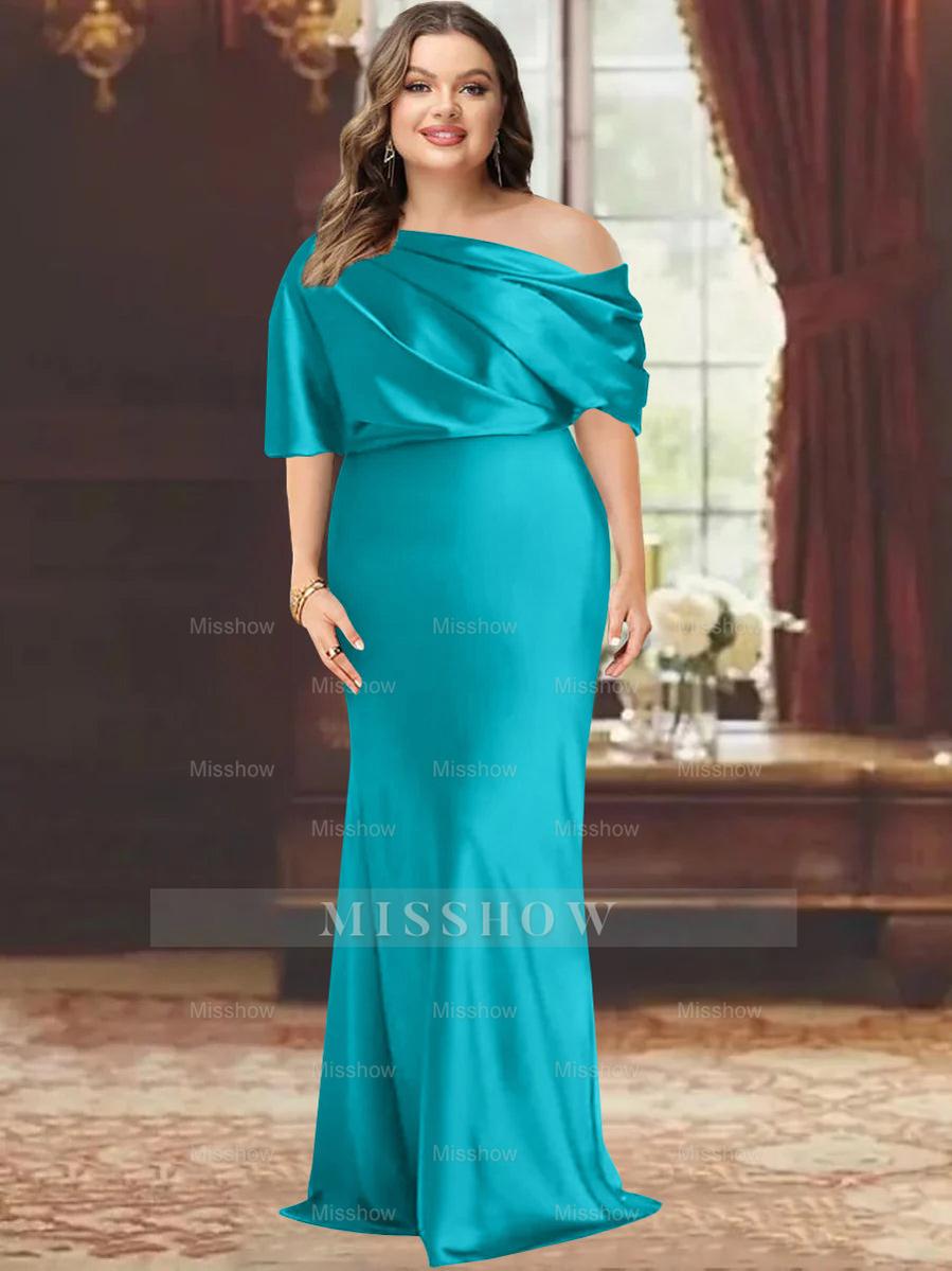 One-Shoulder Plus Size Floor-Length Sheath Mother of the Bride Dress with Ruffles