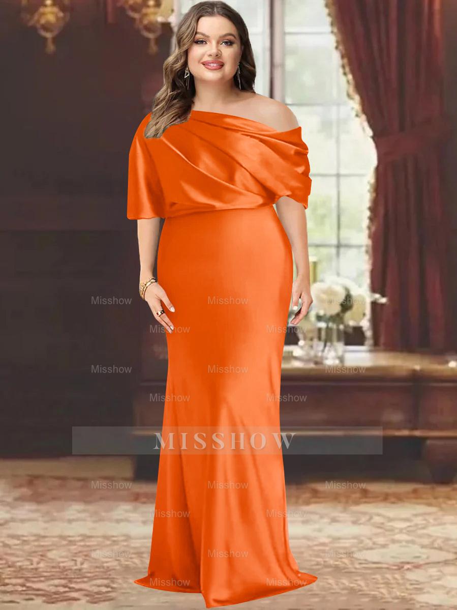 One-Shoulder Plus Size Floor-Length Sheath Mother of the Bride Dress with Ruffles