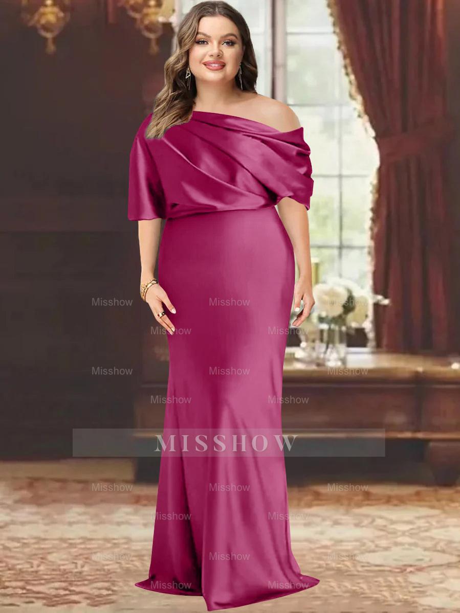 One-Shoulder Plus Size Floor-Length Sheath Mother of the Bride Dress with Ruffles