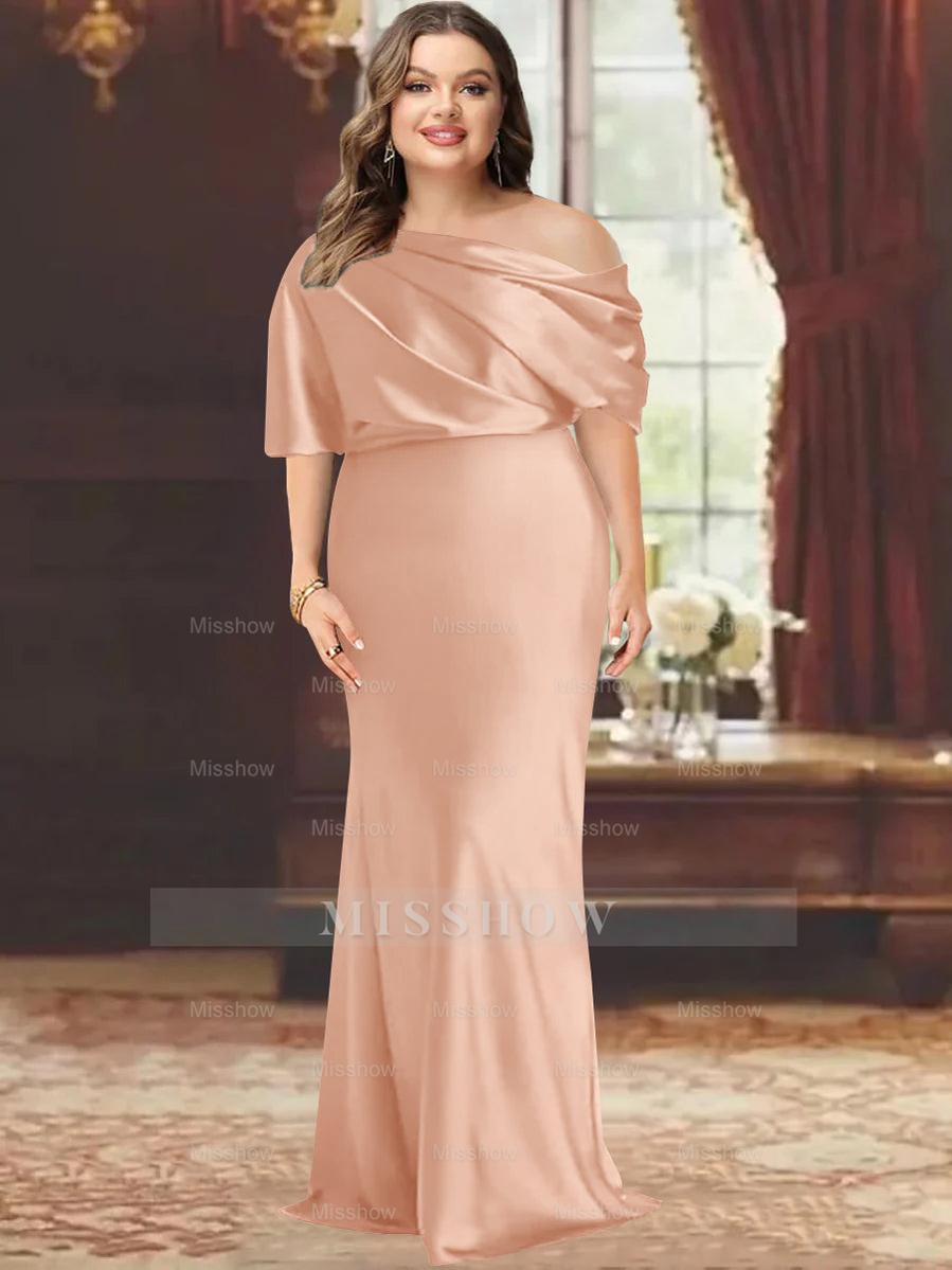 One-Shoulder Plus Size Floor-Length Sheath Mother of the Bride Dress with Ruffles