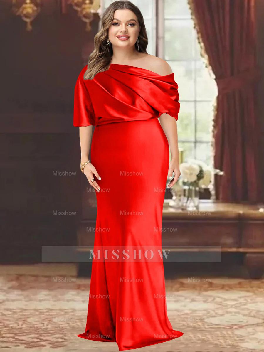 One-Shoulder Plus Size Floor-Length Sheath Mother of the Bride Dress with Ruffles