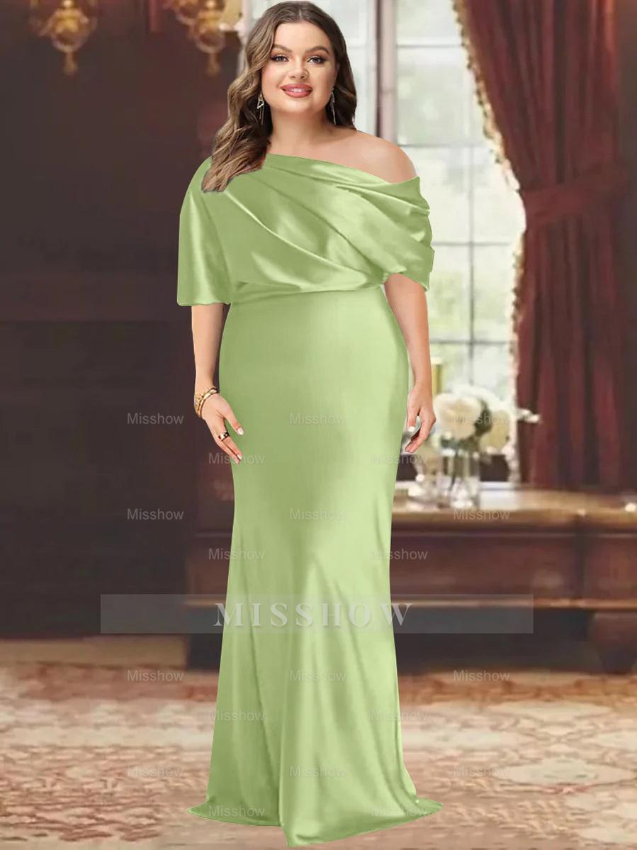 One-Shoulder Plus Size Floor-Length Sheath Mother of the Bride Dress with Ruffles