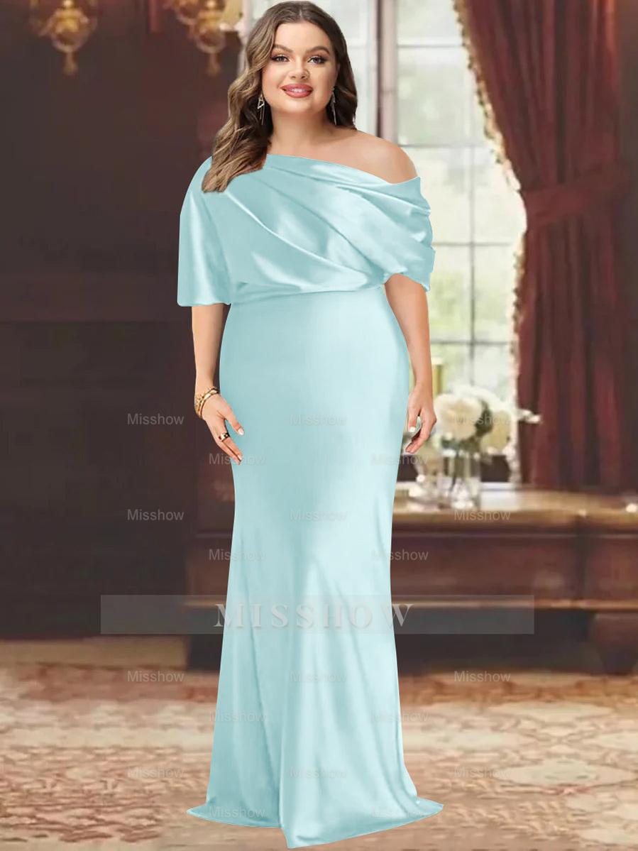 One-Shoulder Plus Size Floor-Length Sheath Mother of the Bride Dress with Ruffles