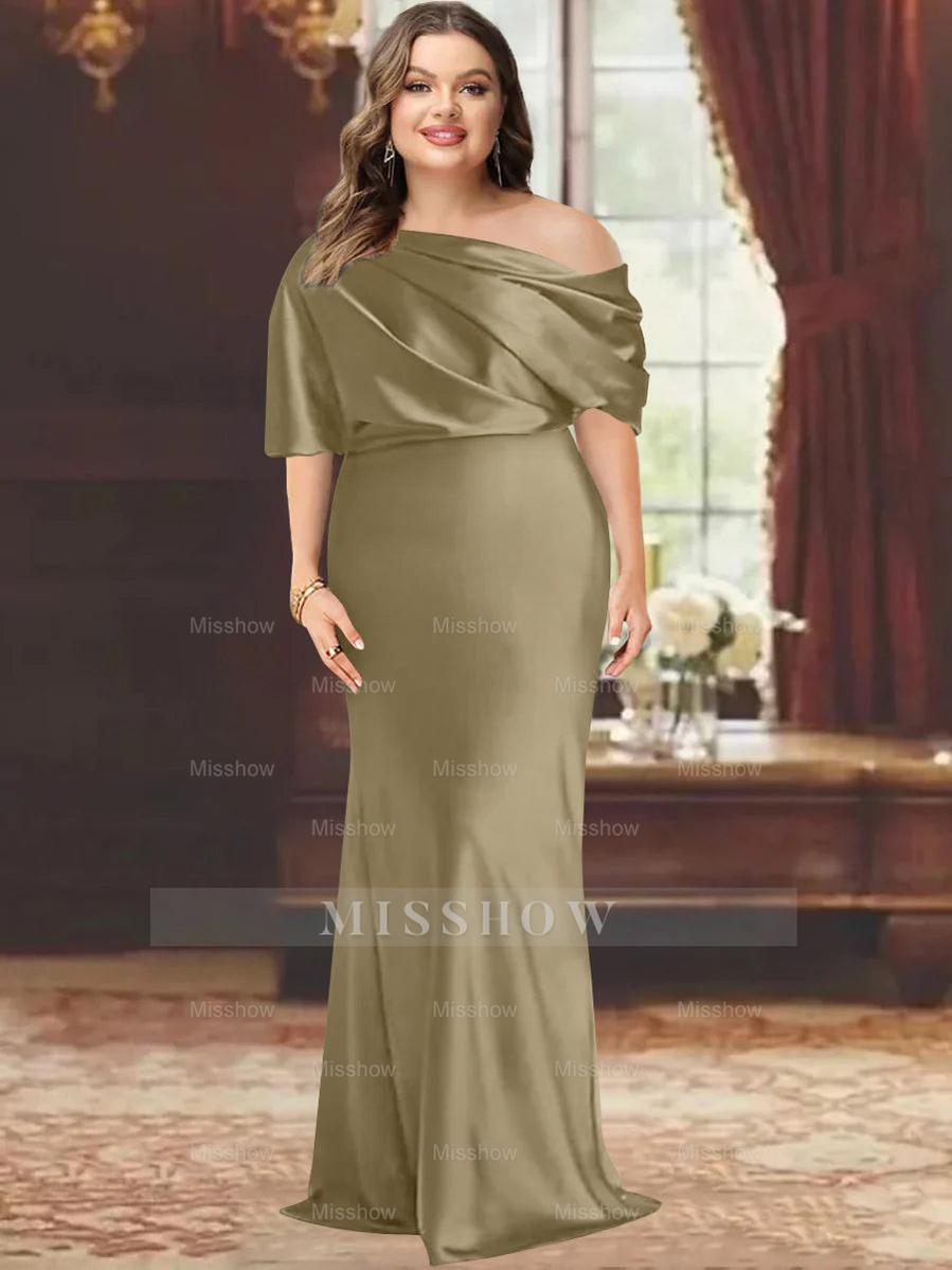 One-Shoulder Plus Size Floor-Length Sheath Mother of the Bride Dress with Ruffles